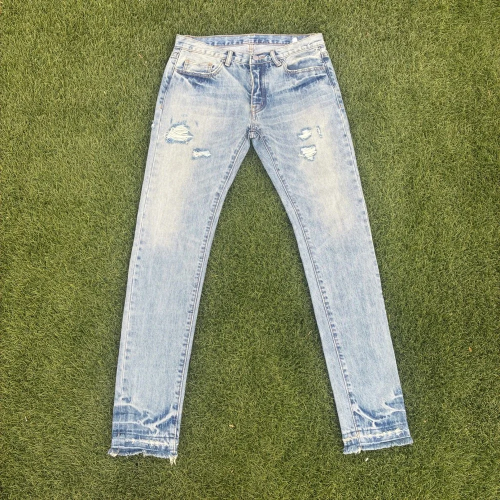 MNML Mens 32x34 Light Wash Distressed Slim Straight Jeans Released Raw Hem Blue